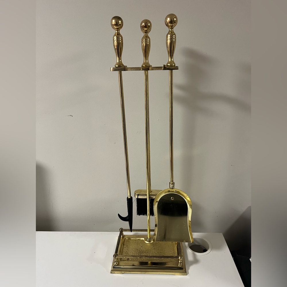 Vintage Elegant Shiny Brass Fireplace Tool Set 3 Piece + Stand